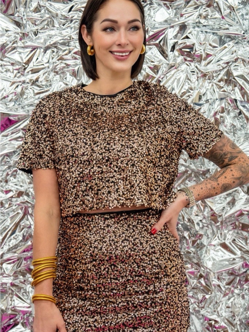 Buddy Love Bronze Sequin Crop Top & Skirt set - top M bottoms L